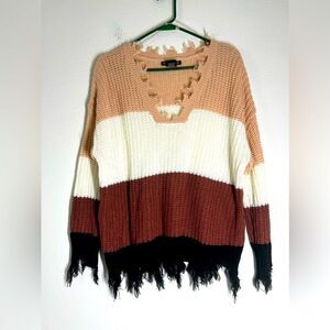 Trendy Treads  Multicolored Striped Distressed Sweater , V Neck Size 2X